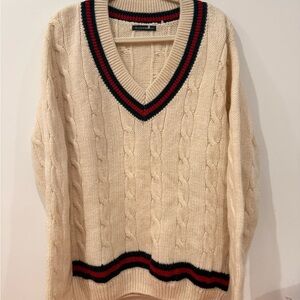 Brandy Melville Cream V-Neck Sweater with Black and Red Stripes